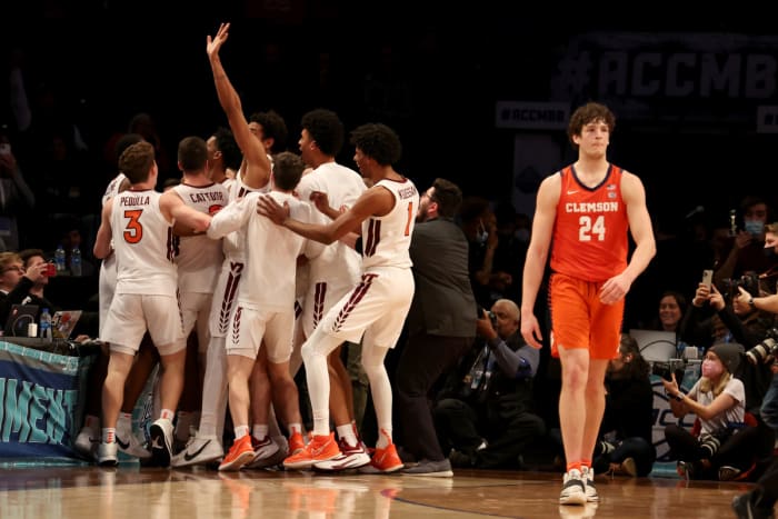 #24 PJ Hall walks off the court in Brooklyn after Virginia Tech's game winning shot